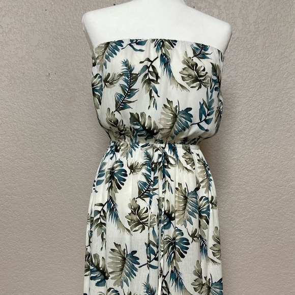 Tropical Strapless Maxi Dress - Off-White with Green Pattern. Size Small. - Picture 1 of 10